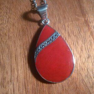 Red Sponge Coral Sterling Silver Pendant Stainless Steel Necklace